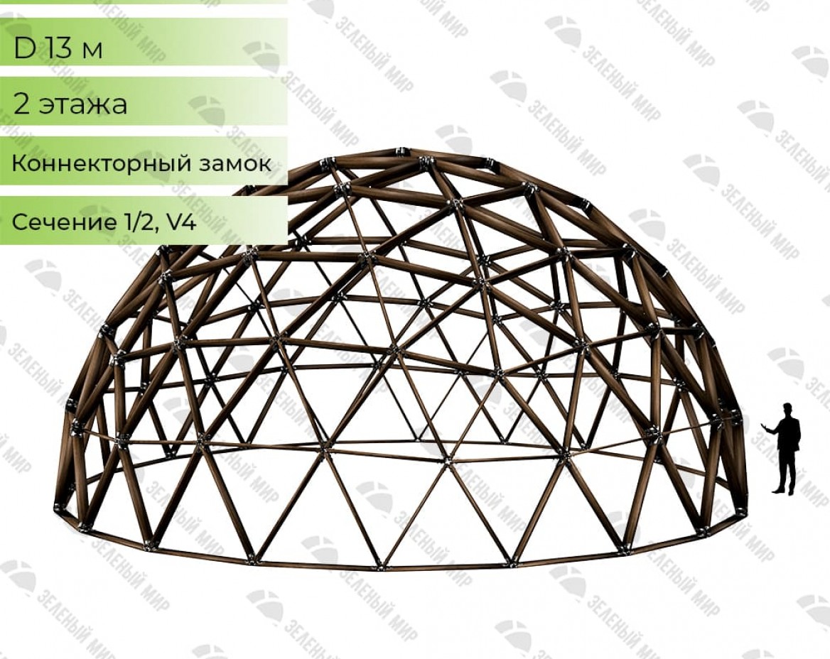 Геодезический купольный каркас - G13 - 130м2, частота V4, сечение 1/2